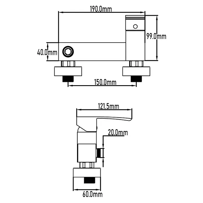 Universal de Grifería Obi Grifo monomando de ducha - Cromo, Brillante - Ilustración de un grifo con dimensiones detalladas. Las dimensiones del grifo se especifican con precisión.