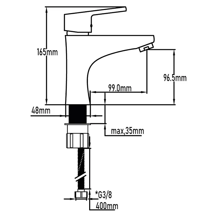 Universal de Grifería Grifo de lavabo Bidasoa - Cromo, Brillante - Dibujo acotado de un grifo mezclador de lavabo que muestra la altura (165 mm), el alcance del caño (99 mm) y la longitud de conexión (400 mm).