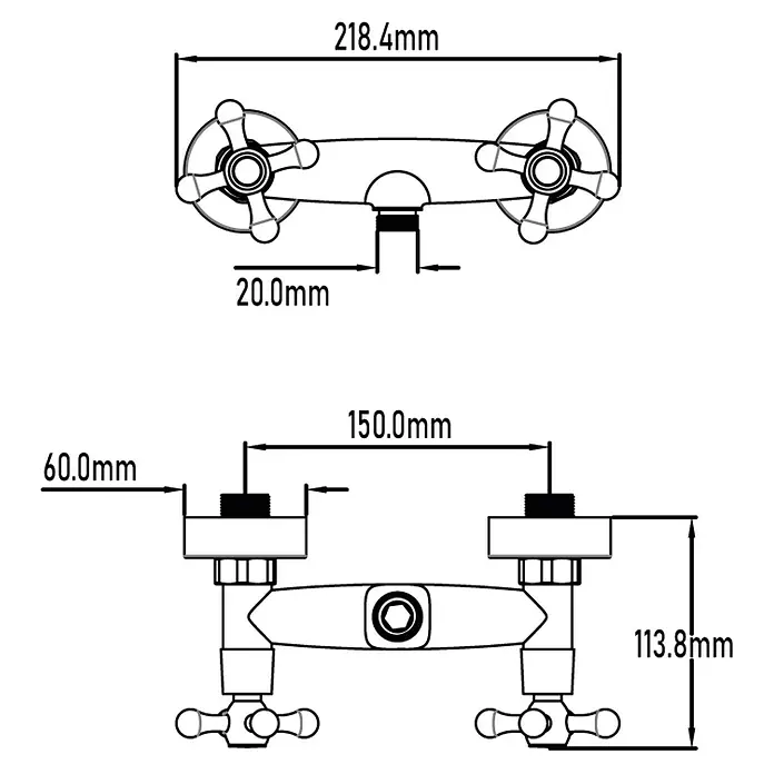Universal de Grifería Classica Grifo de ducha bimando - Bronce, Mate - Vista del producto con medidas. La imagen presenta una pieza de fontanería, probablemente un grifo, acompañada de medidas dimensionales en milímetros.