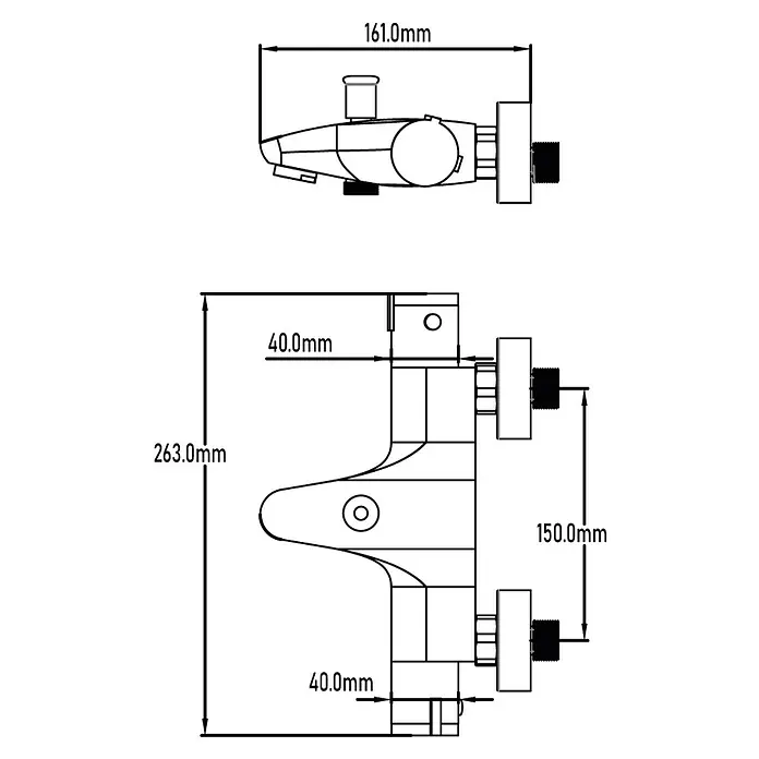 Universal de Grifería New Design Grifo termostático de bañera - Cromo - Dibujo técnico de un grifo mostrando las dimensiones 161.0 mm, 263.0 mm y 150.0 mm. Ilustración precisa para la instalación.