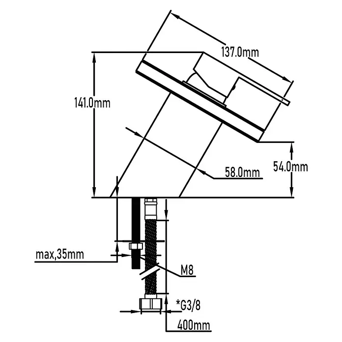 Universal de Grifería Grifo de lavabo Eufrates - Cromo, Brillante - Dibujo técnico del producto con dimensiones: 137 mm de longitud, 141 mm de altura y 58 mm de profundidad.
