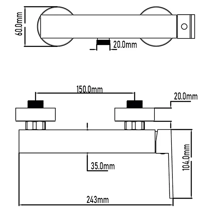 Universal de Grifería Duraton Grifo monomando de ducha - Cromo, Resplandeciente - Vista detallada de un sistema de cierre de puerta lineal con dimensiones precisas para especificaciones técnicas e instalación.