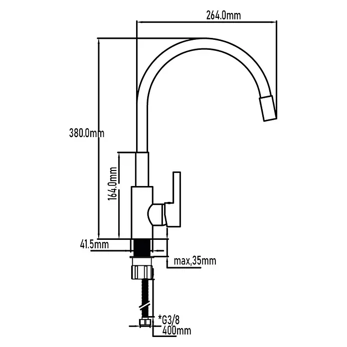 Universal de Grifería Grifo de cocina Timanfaya - Cromo/Blanco, Mate - Diagrama detallado de un grifo de cocina con dimensiones. Muestra altura, alcance y detalles de montaje para facilitar la instalación.