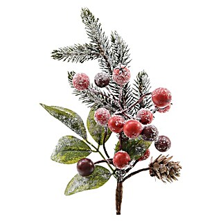 Rama decorativa nevada con bayas (L x An x Al: 5 x 8 x 24 cm, Verde, rojo y blanco)