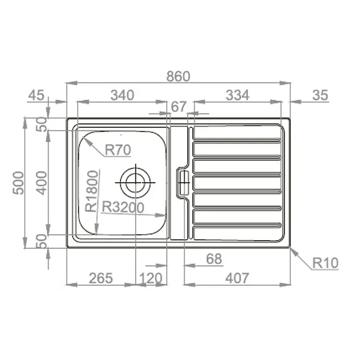 Rodi Fregadero encastrable Urban 86B - 50 x 86 cm, Acero inoxidable - Un boceto detallado de un fregadero de cocina con dimensiones para el diseño e instalación, incluyendo radios y anchura total.