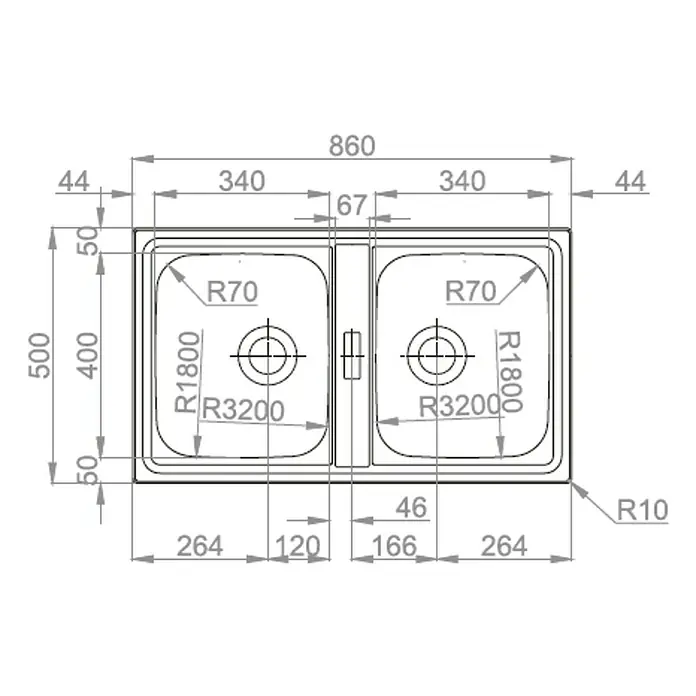 Rodi Fregadero encastrable Urban 86BB - 50 x 86 cm, Acero inoxidable - Ilustración de un fregadero doble con dimensiones detalladas, incluyendo longitud, anchura, radios y posiciones de los desagües.