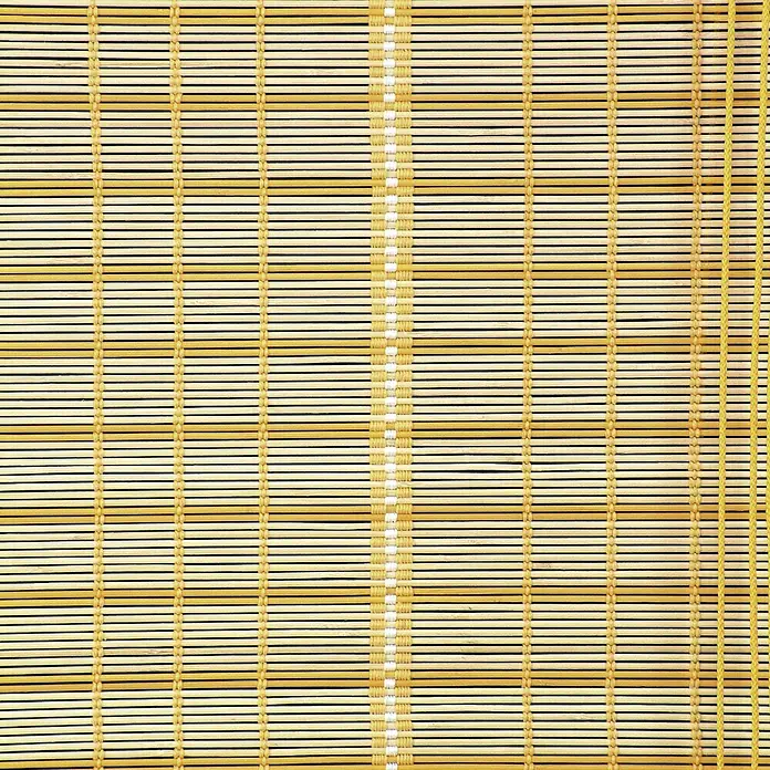 Estor enrollable Safari - An x Al: 120 x 175 cm, Naranja - Persianas de bambú amarillas con acentos blancos, creando un ambiente cálido y natural, cubierta de ventana.