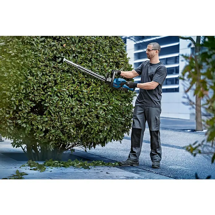 Bosch Professional AMPShare 18V Akku-Heckenschere GHE 18V-50 - 18 V, Ohne Akku, Schnittlänge: 50 cm - Mann schneidet eine Hecke mit einer Bosch Heckenschere, ausgestattet mit einer langen Klinge für präzise Schnitte und mühelose Gartenarbeit.