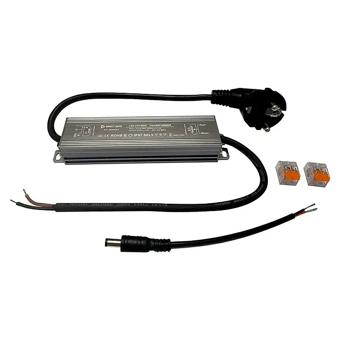 Direct Signs Transformator - Grau - Das Bild zeigt ein LED 24V/60W Transformator-Kit mit Zubehör, darunter Stecker, Kabelverbinder und Kabel, auf einem schwarzen Hintergrund.