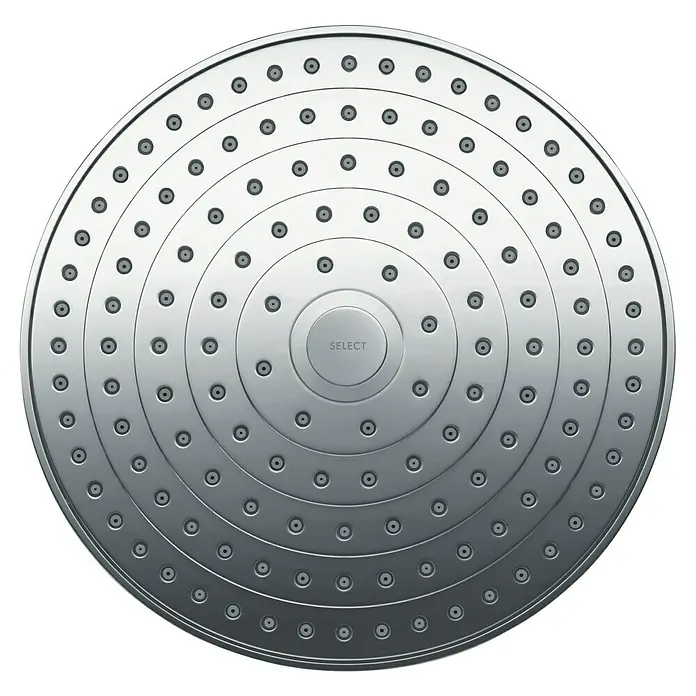 Hansgrohe Kopfbrausen-Set Raindance Select S 240 - Durchmesser: 24 cm, 17 l/min, Wandmontage, Chrom - Das Bild zeigt einen runden Hansgrohe Duschkopf in Chrom mit mehreren Düsen und einer "Select"-Taste in der Mitte.