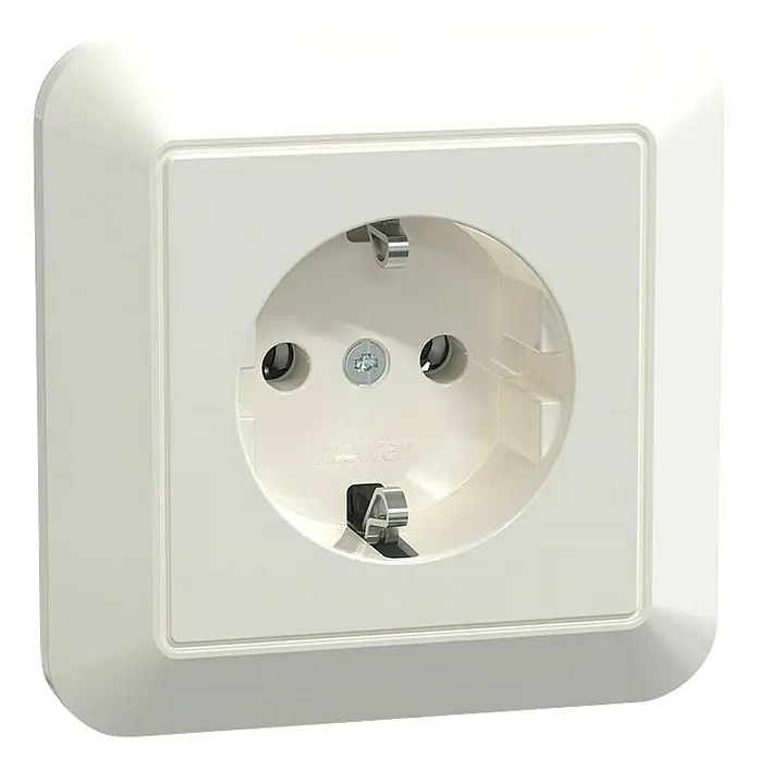 Merten System M Steckdose mit Vollplatte MEG2301-1019 - Polarweiß, Glänzend, Kunststoff, Unterputzmontage - Nahaufnahme einer weißen Schuko-Steckdose von Merten, ideal für den Innenausbau und die Elektroinstallation.