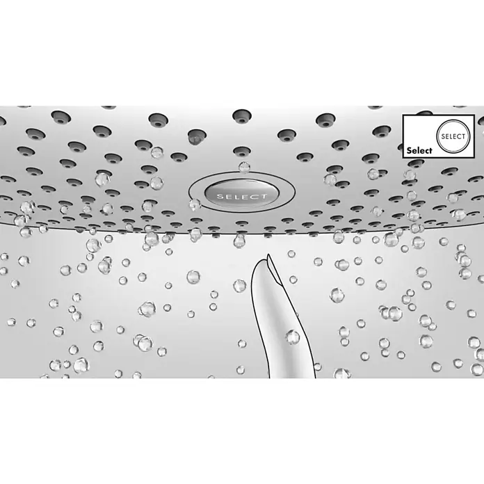 Hansgrohe Kopfbrausen-Set Raindance Select S 240 - Durchmesser: 24 cm, 17 l/min, Wandmontage, Chrom - Nahaufnahme eines Duschkopfes mit der Aufschrift "Select", der Wasserstrahlen abgibt, was auf ein hochwertiges Duscherlebnis hinweist.