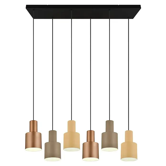 Trio Leuchten Agudo Pendelleuchte - 240 W, L x B x H: 27 x 85 x 150 cm, Natur, Schwarz, E27, 6 Stk. - Mehrfarbige Pendelleuchte mit sechs Leuchten an einer schwarzen Halterung.