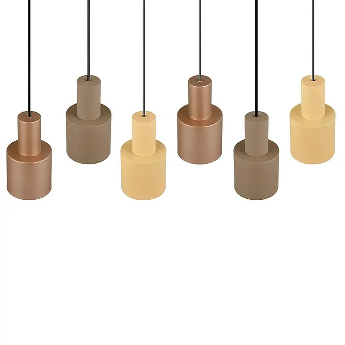 Trio Leuchten Agudo Pendelleuchte - 240 W, L x B x H: 27 x 85 x 150 cm, Natur, Schwarz, E27, 6 Stk. - Eine Gruppe von sechs modernen Pendelleuchten in verschiedenen Farben, die von der Decke hängen.