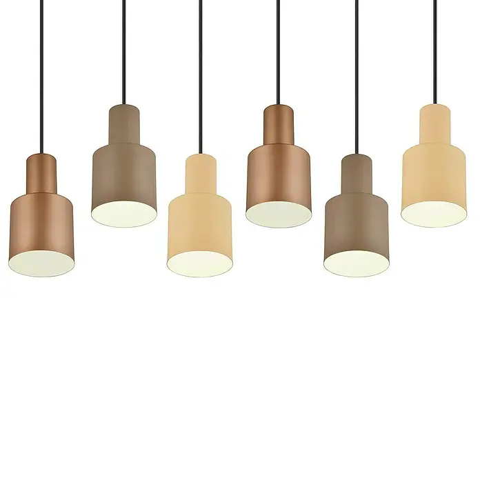 Trio Leuchten Agudo Pendelleuchte - 240 W, L x B x H: 27 x 85 x 150 cm, Natur, Schwarz, E27, 6 Stk. - Sechs moderne Pendelleuchten in verschiedenen Farben, die von der Decke hängen und eine gemütliche Atmosphäre schaffen.