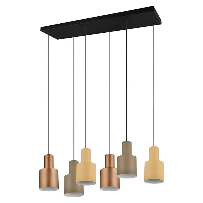 Trio Leuchten Agudo Pendelleuchte - 240 W, L x B x H: 27 x 85 x 150 cm, Natur, Schwarz, E27, 6 Stk. - Dieses Bild zeigt eine Hängelampe mit sechs Leuchten in Kupfer, Beige und Braun, die an einer schwarzen Deckenhalterung befestigt sind.