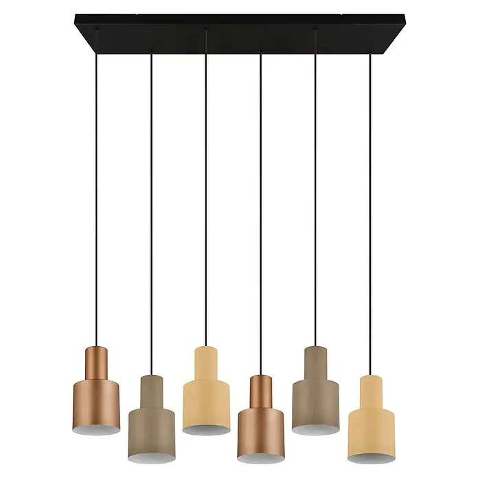 Trio Leuchten Agudo Pendelleuchte - 240 W, L x B x H: 27 x 85 x 150 cm, Natur, Schwarz, E27, 6 Stk. - Eine moderne Pendelleuchte mit sechs farbigen Lampenschirmen, die von einer schwarzen Deckenhalterung hängen. Die Lampe bietet eine stilvolle Beleuchtung.