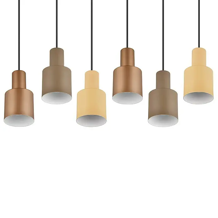 Trio Leuchten Agudo Pendelleuchte - 240 W, L x B x H: 27 x 85 x 150 cm, Natur, Schwarz, E27, 6 Stk. - Sechs moderne Pendelleuchten in verschiedenen Farben, die an schwarzen Kabeln von der Decke hängen und eine stilvolle Beleuchtung bieten.