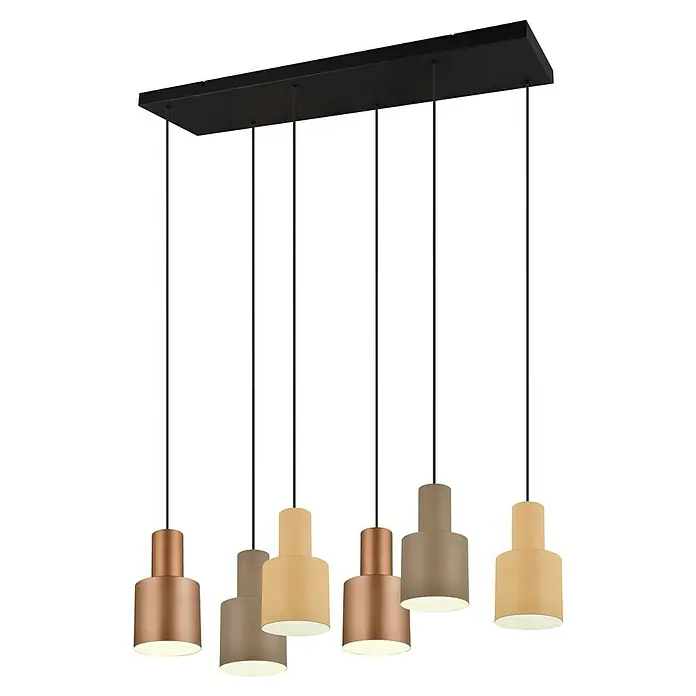 Trio Leuchten Agudo Pendelleuchte - 240 W, L x B x H: 27 x 85 x 150 cm, Natur, Schwarz, E27, 6 Stk. - Pendelleuchte mit sechs Lampen in Kupfer, Beige und Grau, die von einer schwarzen Deckenhalterung hängen.
