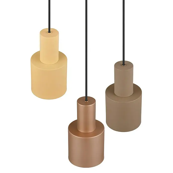 Trio Leuchten Agudo Pendelleuchte - 120 W, Natur, Schwarz, E27, 3 Stk. - Eine Nahaufnahme von drei farbenfrohen Hängelampen, die ein modernes und stilvolles Beleuchtungselement darstellen.