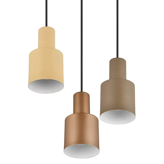 Trio Leuchten Agudo Pendelleuchte - 120 W, Natur, Schwarz, E27, 3 Stk. - Nahaufnahme von drei modernen Pendelleuchten in verschiedenen Farbtönen mit zylindrischen Lampenschirmen und schwarzen Kabeln.
