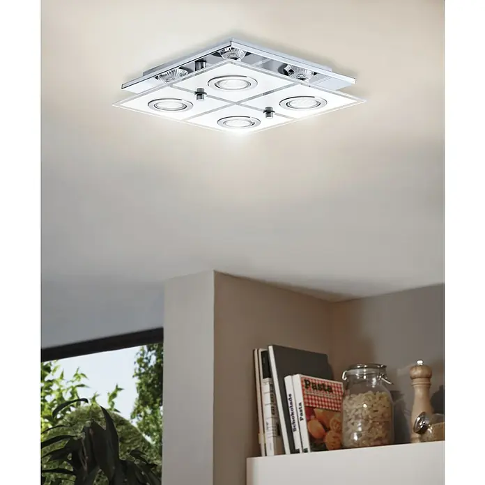 Eglo LED-Deckenleuchte Cabo - 10 W, L x B x H: 29 x 29 x 7 cm, Chrom, Weiß - Moderne Deckenleuchte mit quadratischem Design und vier Lichtquellen, ideal für stilvolle Beleuchtung im Innenbereich.