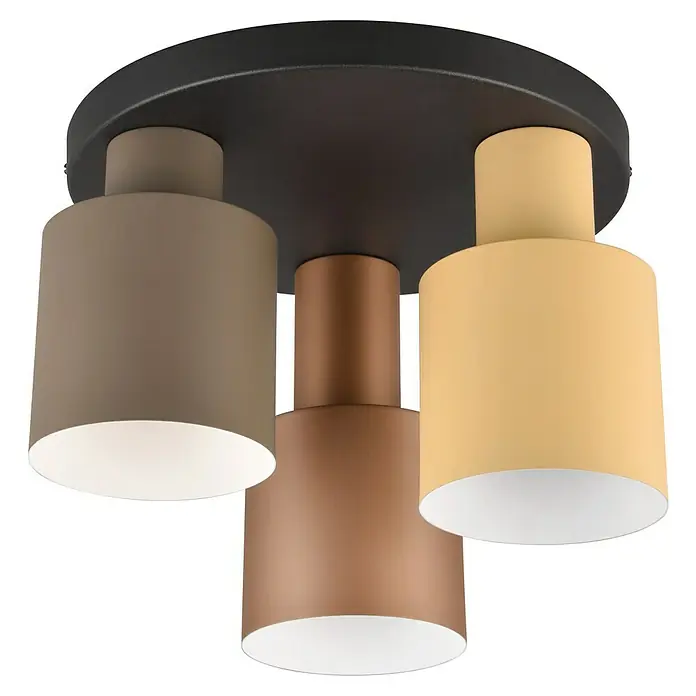 Trio Leuchten Agudo Deckenleuchte - 120 W, Ø x H: 30 x 24,5 cm, Schwarz, Natur, E27 - Moderne Deckenleuchte mit drei zylindrischen Lampenschirmen in Braun-, Kupfer- und Gelbtönen für eine stilvolle Beleuchtung.