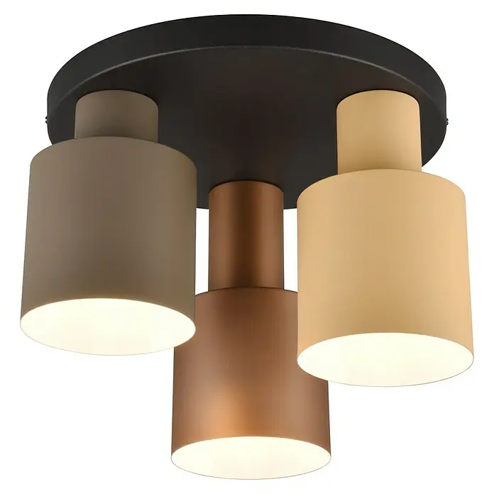Trio Leuchten Agudo Deckenleuchte - 120 W, Ø x H: 30 x 24,5 cm, Schwarz, Natur, E27 - Nahaufnahme einer Deckenleuchte mit drei zylindrischen Lampenschirmen in Braun-, Beige- und Kupfertönen.