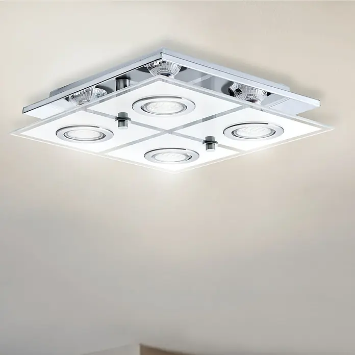 Eglo LED-Deckenleuchte Cabo - 10 W, L x B x H: 29 x 29 x 7 cm, Chrom, Weiß - Elegante Deckenleuchte mit vier LED-Spots und quadratischer, weißer Glasplatte für eine moderne Beleuchtung im Raum.