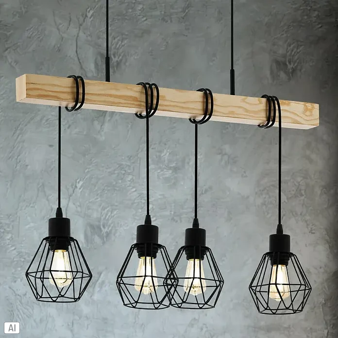 Eglo Townshend Pendelleuchte - Höhe: 110 cm - Moderner Industrie-Kronleuchter mit vier schwarzen geometrischen Lampenschirmen, die von einer hölzernen Basis hängen.
