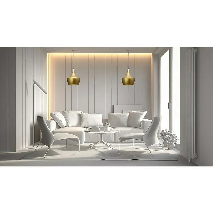 Alverlamp Lámpara colgante redonda circular Copa - 60 W, Ø x Al: 24 x 28 cm, Oro, E27 - Salón minimalista con lámparas colgantes doradas como puntos focales sobre un sofá y sillas blancas. Elegancia moderna en detalle.