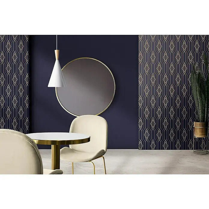 Alverlamp Lámpara colgante redonda Cono - 60 W, Ø x Al: 19 x 40 cm, Blanco, Blanco, E27 - Interior elegante con espejo redondo, lámpara colgante y sillas elegantes alrededor de una mesa con base dorada. Un ambiente moderno y lujoso.