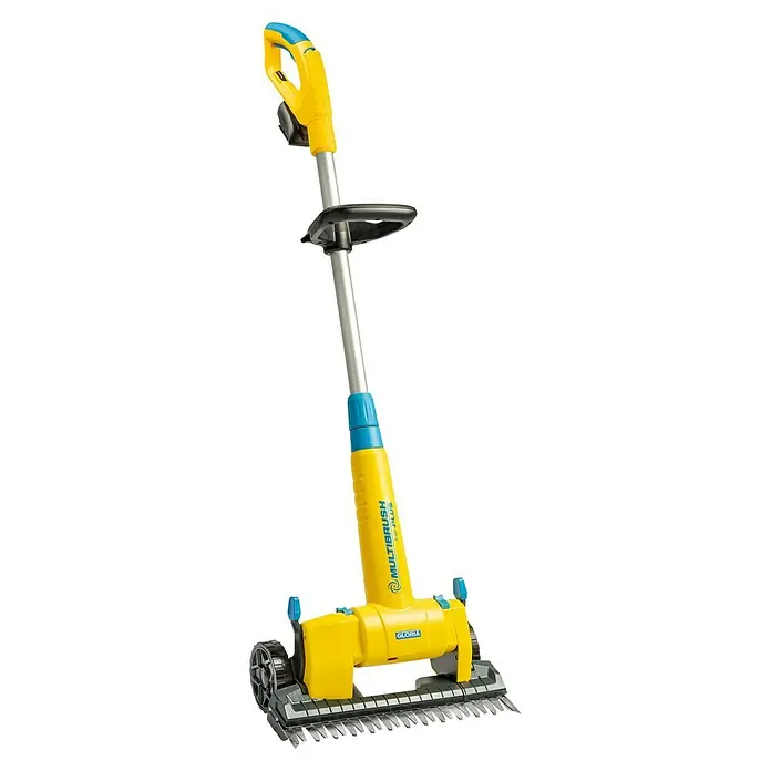 Gloria MultiBrush Grasscherenaufsatz FineCut - Passend für: MultiBrush PLUS Geräte - Gloria MultiBrush li-on PLUS Akku-Fugenbürste zur Reinigung von Steinoberflächen. In Gelb und Silber gehalten mit blauen Akzenten.