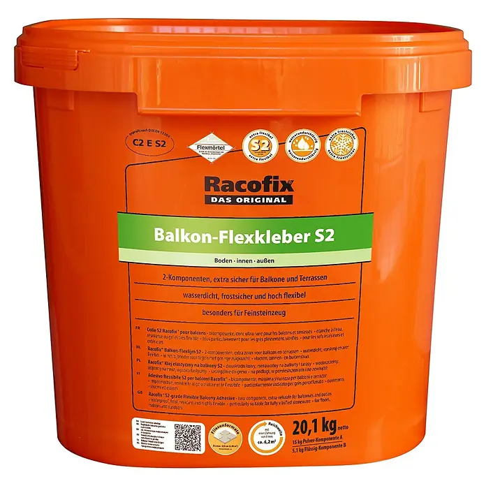 Racofix Flexkleber Balkon-Flexkleber - 20,1 kg - Racofix Balkon-Flexkleber S2: 2-Komponenten Kleber für sichere Balkone und Terrassen, wasserdicht, frostsicher und hoch flexibel für Feinsteinzeug.