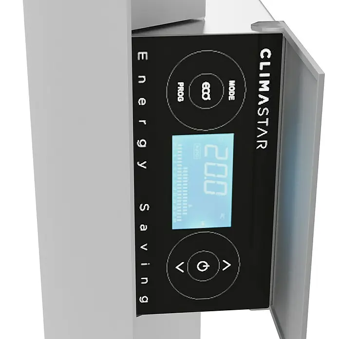 ClimaStar Speichersteinheizung WiFi Curve - Raumgröße bis ca. 18 m², Pearl White - Nahaufnahme eines CLIMASTAR-Heizgeräts mit Energiesparanzeige und Bedienfeld.