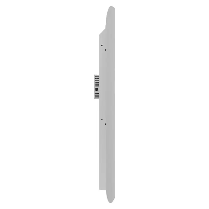 ClimaStar Speichersteinheizung WiFi Curve - Raumgröße bis ca. 18 m², Pearl White - Eine Seitenansicht eines schlanken, weißen Heizkörpers mit Lüftungsschlitzen und Befestigungspunkten, ideal für moderne Wohnräume.