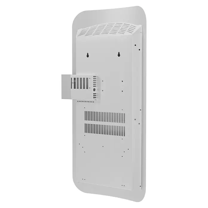 ClimaStar Speichersteinheizung WiFi Curve - Raumgröße bis ca. 18 m², Pearl White - Nahaufnahme der Rückseite eines weißen elektronischen Schildes mit Lüftungsschlitzen und Befestigungslöchern zur Wandmontage.