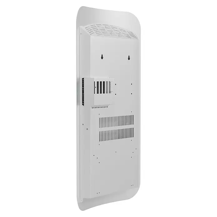 ClimaStar Speichersteinheizung WiFi Curve - Raumgröße bis ca. 18 m², Pearl White - Rückansicht eines weißen digitalen Beschilderungsdisplays mit Lüftungsschlitzen und Anschlüssen für Montage und Konnektivität.