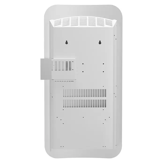ClimaStar Speichersteinheizung WiFi Curve - Raumgröße bis ca. 18 m², Pearl White - Rückansicht eines weißen elektronischen Schildes mit Lüftungsschlitzen und Montagepunkten für eine einfache Installation.