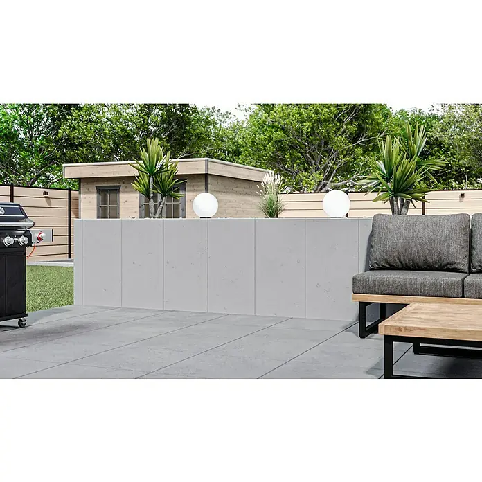 Diephaus L-Stein - 105 cm, 50 cm, Stärke: 12 cm, Grau - Außenbereich mit Grill, Terrassenmöbeln und stilvoller Beleuchtung, ideal für entspannte Sommerabende im Garten.