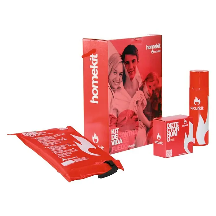 Kit de protección contra incendios Securikit Homekit - Apto para: Incendios incipientes - Primer plano de un kit de seguridad Homekit que incluye una manta ignífuga, un detector y un spray para la extinción de incendios.