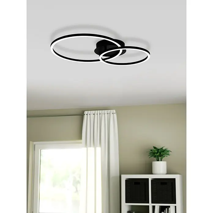 Eglo LED-Deckenleuchte Palmaves 2 - L x B x H: 45 x 30 x 12 cm, Warmweiß - Moderne Deckenleuchte mit schwarzem Sockel und zwei ineinandergreifenden LED-Ringen, die ein helles, zeitgemäßes Ambiente erzeugen.