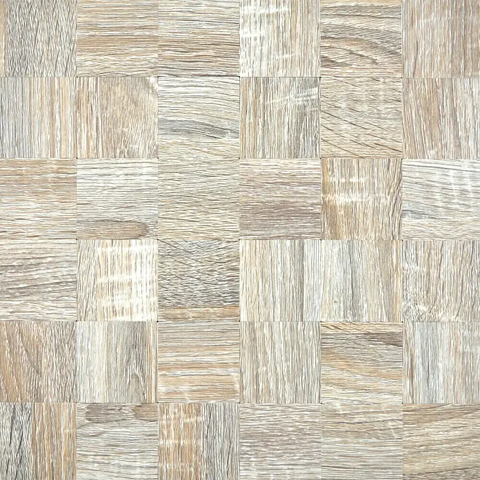 Selbstklebemosaik SAM 4MW99H - 30,5 x 30,5 cm, Hellgrau, Matt - Nahaufnahme eines Musters aus hellbraunen Holzwürfeln, die eine attraktive, natürliche Textur für Wand- oder Bodenbeläge bieten.