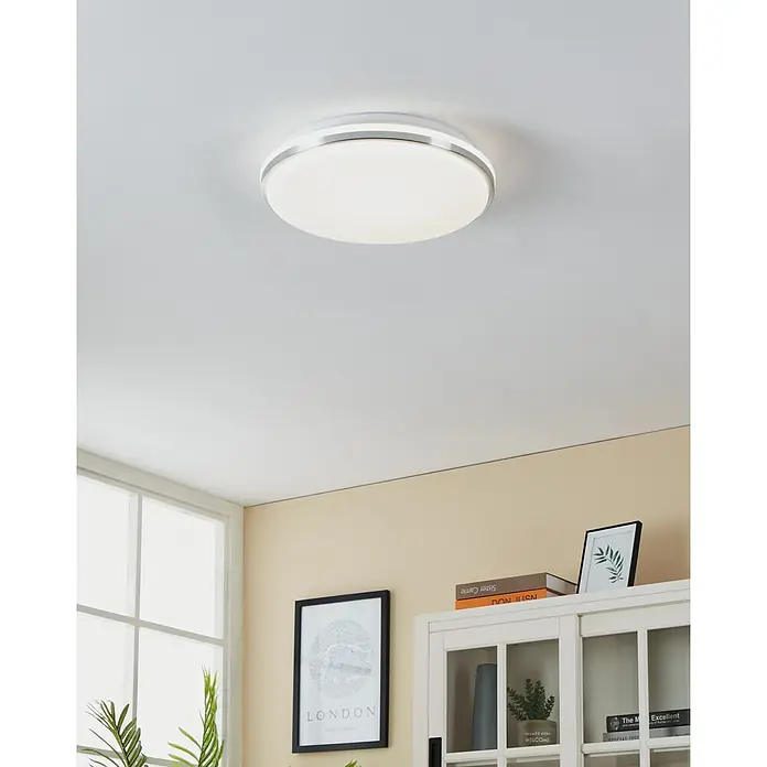 Eglo LED-Deckenleuchte rund - 18 W, Ø x H: 34 x 6,5 cm, Chrom, Neutralweiß - Moderne Deckenleuchte mit weißem Lampenschirm und silbernem Rand, ideal für stilvolle Beleuchtung in jedem Raum.