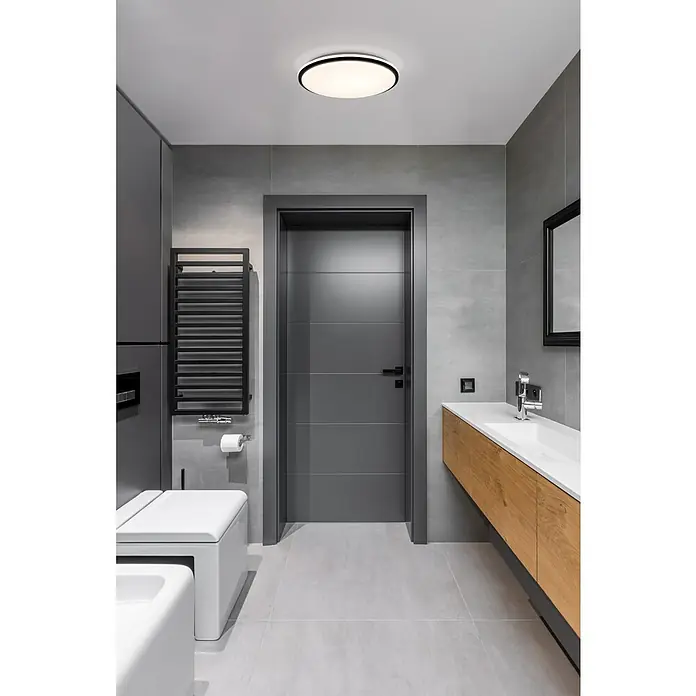 Eglo LED-Deckenleuchte rund - 18 W, Ø x H: 34 x 6,5 cm, Schwarz, Neutralweiß - Moderne Badezimmerbeleuchtung: Runde Deckenleuchte mit schlankem, schwarzem Rahmen für eine helle und stilvolle Atmosphäre im Raum.