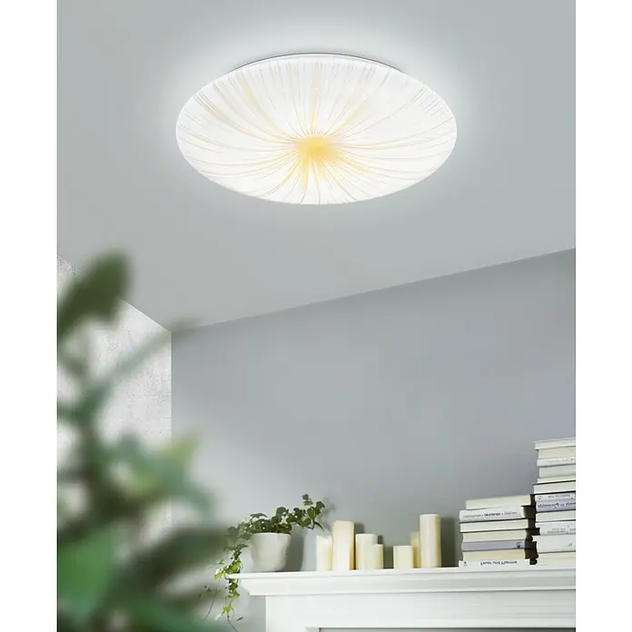 Eglo LED-Deckenleuchte rund NIEVES 1 - 10 W, Ø x H: 31 x 6 cm, Weiß/Gold, Warmweiß - Eine runde Deckenleuchte mit einem strahlenförmigen Muster, die ein warmes, einladendes Licht in den Raum wirft und für eine gemütliche Atmosphäre sorgt.