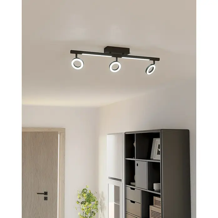 Eglo Cardillio 2 LED-Deckenstrahler - 16,2 W, L x B x H: 38,5 x 8,5 x 17,5 cm, Schwarz, Warmweiß, 5 Stk. - Moderne Deckenleuchte mit drei ringförmigen LED-Strahlern in Schwarz, die ein helles und stilvolles Ambiente erzeugen.