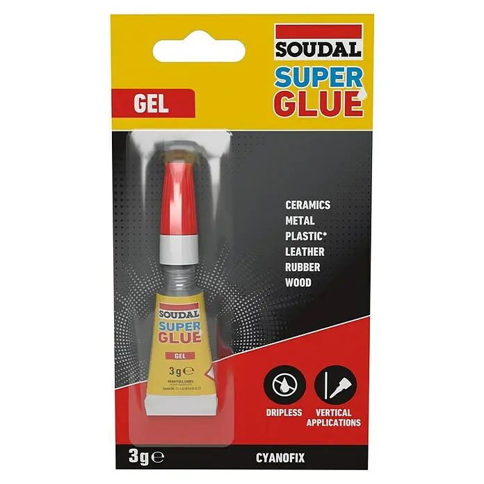 Soudal Adhesivo instantáneo Super Glue - 3 g - Imagen de un paquete de 3g de Soudal Super Glue Gel, apto para cerámica, metal, plástico, cuero, goma y madera.