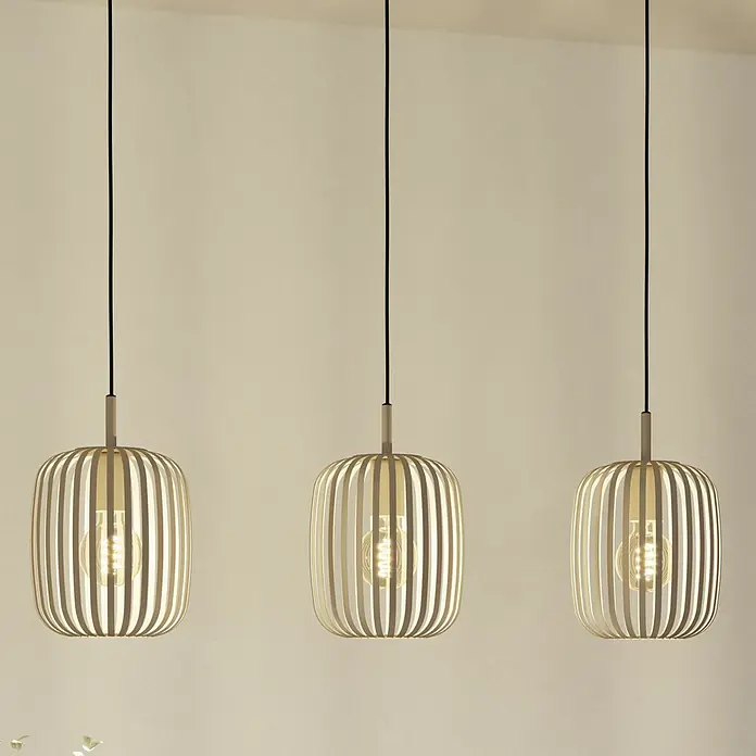 Eglo Romazzina Pendelleuchte - 120 W, Sand, E27, Anzahl Leuchtmittel: 3 Stk. - Drei moderne Pendelleuchten mit einem eleganten, lattenförmigen Design und warmem Licht, ideal für Esszimmer oder Wohnbereiche.