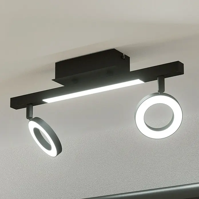 Eglo Cardillio 2 LED-Deckenstrahler - 9,7 W, L x B x H: 38,5 x 8,5 x 17,5 cm, Schwarz, Warmweiß, 3 Stk. - Moderne, schwarze Deckenleuchte mit zwei kreisförmigen LED-Spots und einem linearen LED-Licht für stilvolle Beleuchtung.
